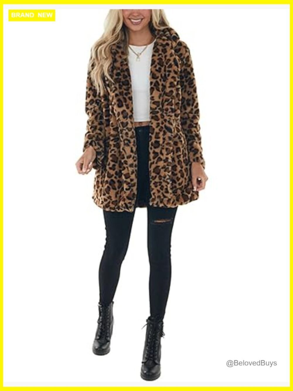 Faux Fur Jacket Leopard Print Coats Loose Open Front with Pockets - Picture 2 of 7
